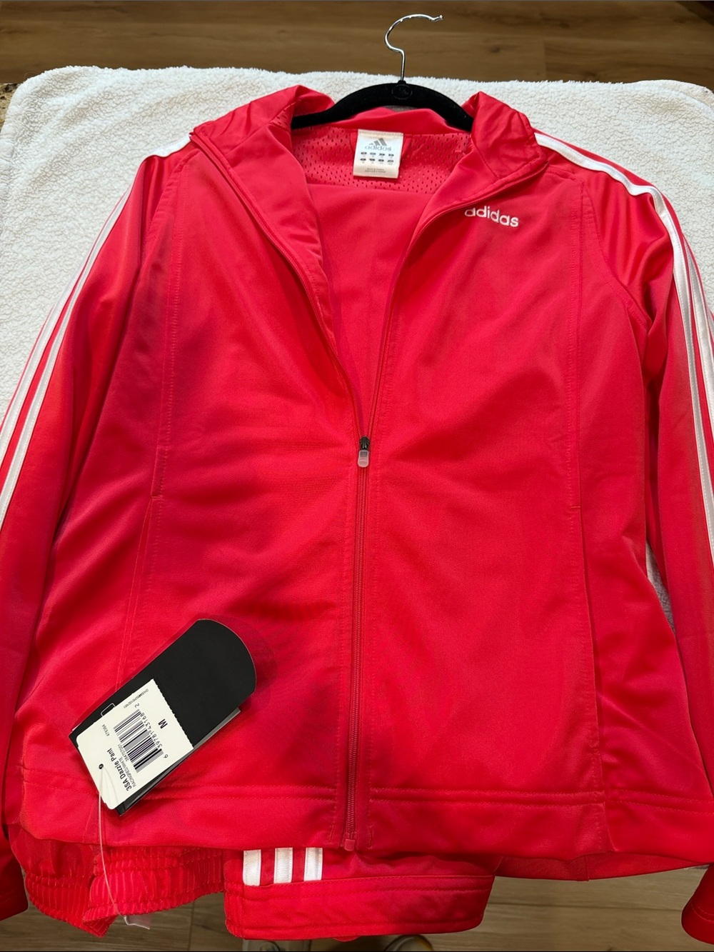 adidas womens Bright Red Hooded Track Jacket with White Stripes medium